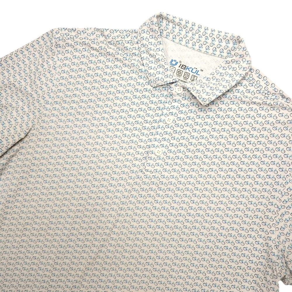 IBKUL Polo Shirt Mens XL White Bicycle Print UPF 50 Performance Stretch Top
